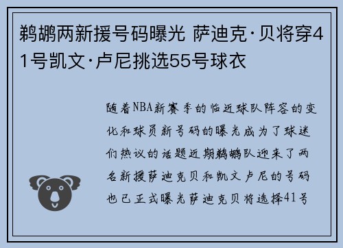 鹈鹕两新援号码曝光 萨迪克·贝将穿41号凯文·卢尼挑选55号球衣
